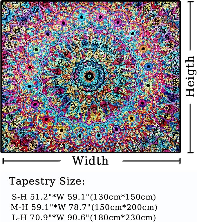 PRRPRR Blacklight Mandala Tapestry for Bedroom, UV Reactive Trippy Wall Tapestry, Bohemian Aesthetic Wall Art Decor for Adults Teens (Mandala, 78"x59")
