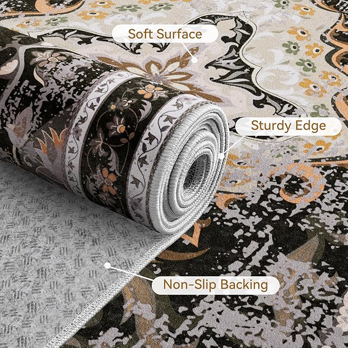 RUSHUFFY 6x9 Washable Area Rugs for Living Room, Non-Slip Boho Vintage Traditional Medallion Print Pattern Carpet for Bedroom Dining Room Farmhouse Nursery Room, Black & Gold