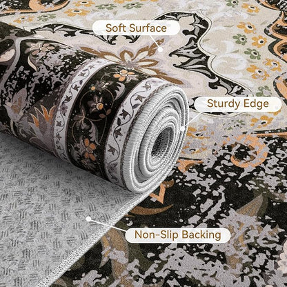 RUSHUFFY 5x7 Washable Area Rugs for Bedroom, Vintage Boho Distressed Print Pattern Rugs for Living Room, Soft Non-Slip Carpet for Indoor Dining Room Nursery Farmhouse Girls Room, Black & Gold