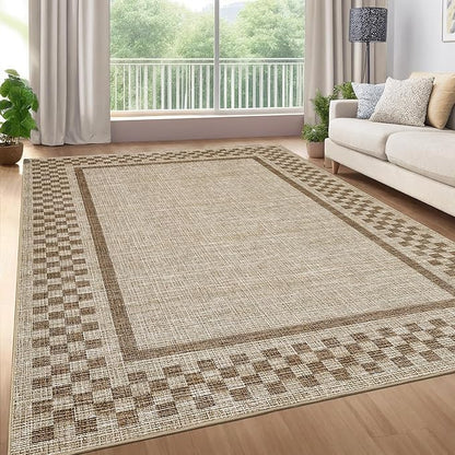 GarveeHome 5x7 Washable Area Rug for Bedroom Living Room Non Slip Modern Bordered Throw Rugs Low Pile Soft Checkered Dining Room Area Rugs Geometric Throw Carpet for Kitchen Nursery Office, Taupe