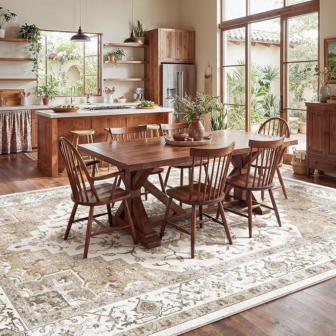 Amada 8x10 Area Rugs, Low-Profile Large Washable Area Rug with Non-Slip Backing & Durable Edge Binding, Vintage Rugs for Living Room, Bedroom, Dinning Room