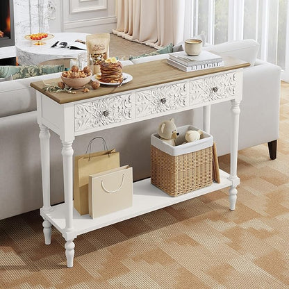 3More Entryway Console Table with 3 Drawers,42" Carved Hallway Table with Open Shelf,Long Sofa Table for Living Room, Hallway, Behind Couch,White