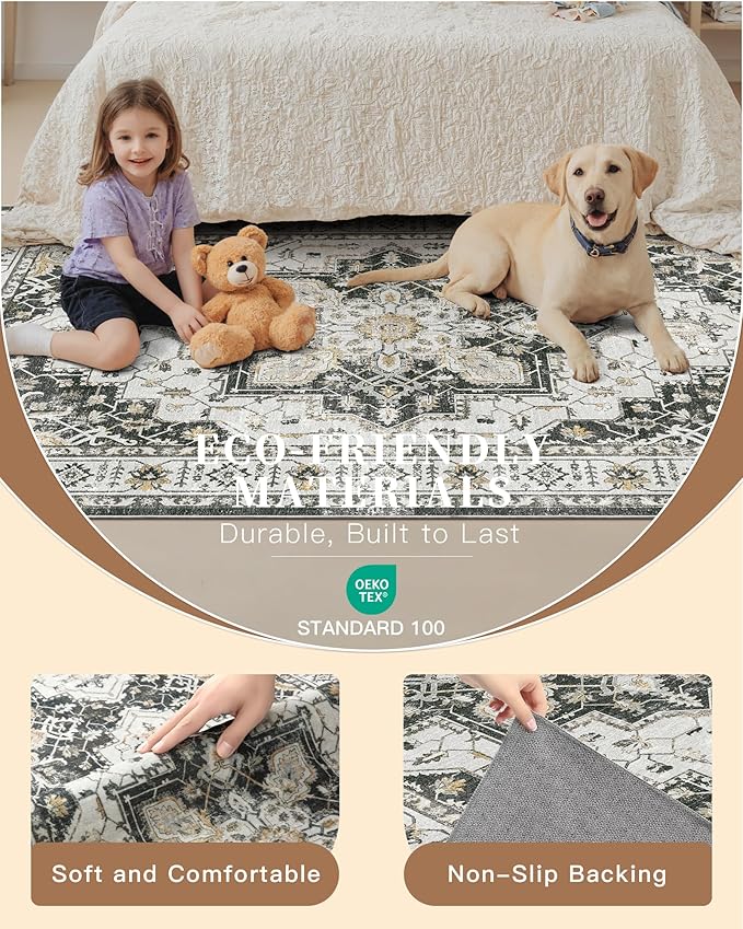 Madane Hallway Runner Rug 2x12, Extra Long Washable Runner Rugs with Rubber Backing, Non Slip Carpet Runner, Vintage Rug Runners for Kitchen Laundry Room Entryway (Black, 2'x12')