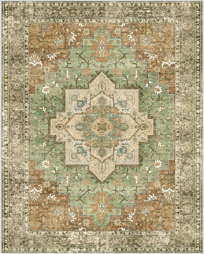 GENIMO 8x10 Area Rugs for Living Room, Machine Washable Rug, Non Slip Indoor Vintage Rug, Low Pile Lightweight Chenille Print Carpet for Bedroom Dining Room Home Office, Muted Green Brown