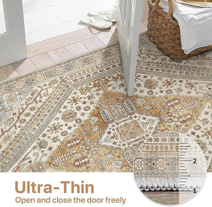 Bavni Kitchen Rug 2x5 Runner Rugs for Hallways Entryway, Washable Vintage Print Carpet, Ultra-Thin Chenille Low Pile Lightweight Rug with Non Slip Backing, Tan/Grey