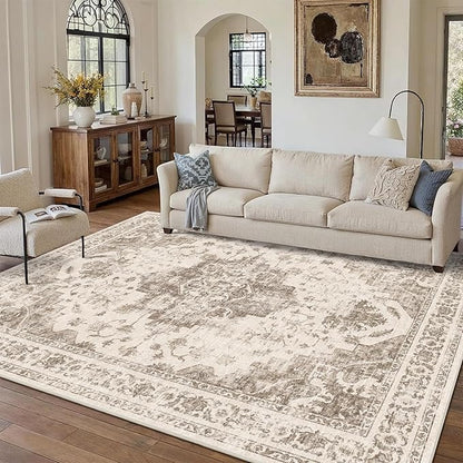 8x10 Vintage Washable Area Rugs Boho Medallion Large Distressed Retro Accent Carpet Floral Non-Slip Soft Low Pile Indoor Throw Rug for Living Room Bedroom Dining Room Office Kitchen, Taupe