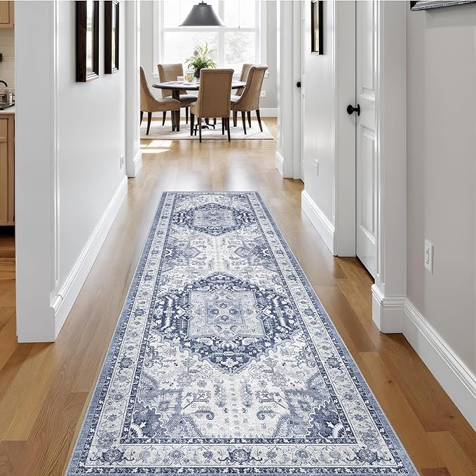 2.6x8 Washable Hallway Runner Rug - Kitchen Rugs with Non Slip Backing Vintage Soft Farmhouse Entryway Mat for Living Room Laundry Bedroom Bathroom Navy/Blue