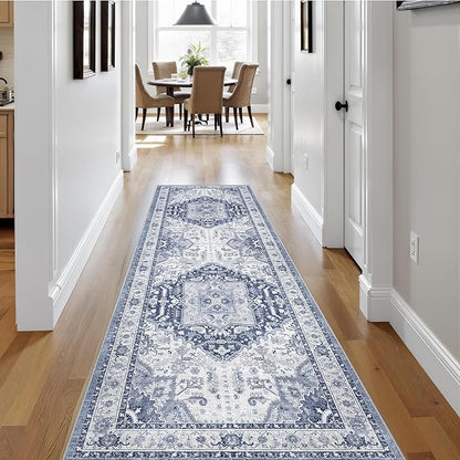 Washable Hallway Runner Rug - 2x6 Kitchen Rugs with Non Slip Backing Vintage Soft Farmhouse Entryway Mat for Living Room Laundry Bedroom Bathroom Navy/Blue