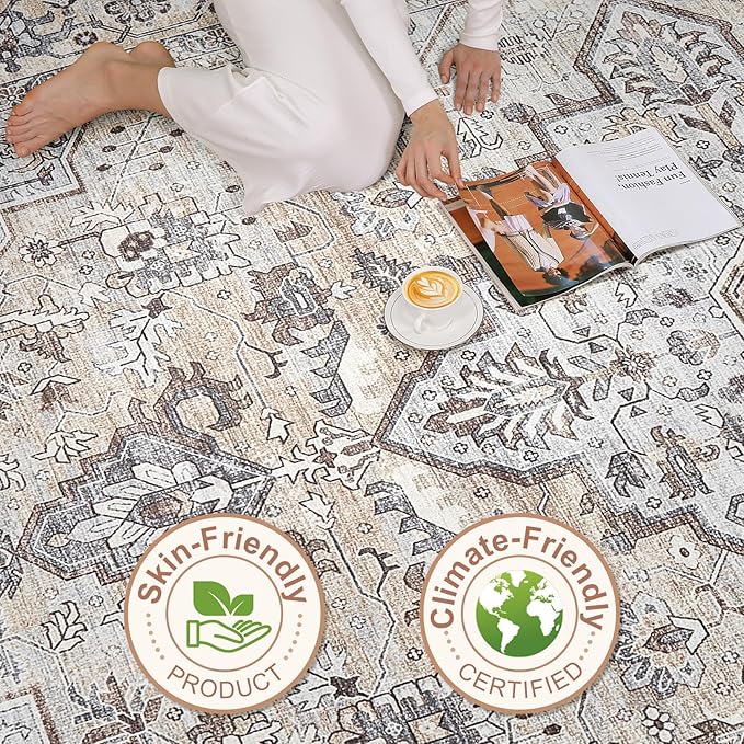 10x14 Area Rugs Living Room: Washable Boho Large Neutral Vintage Soft Rug Stain Resistant Farmhouse Non Slip Indoor Floor Carpet for Bedroom Nursery Kids Playroom Office Dining Room- Ivory Gray