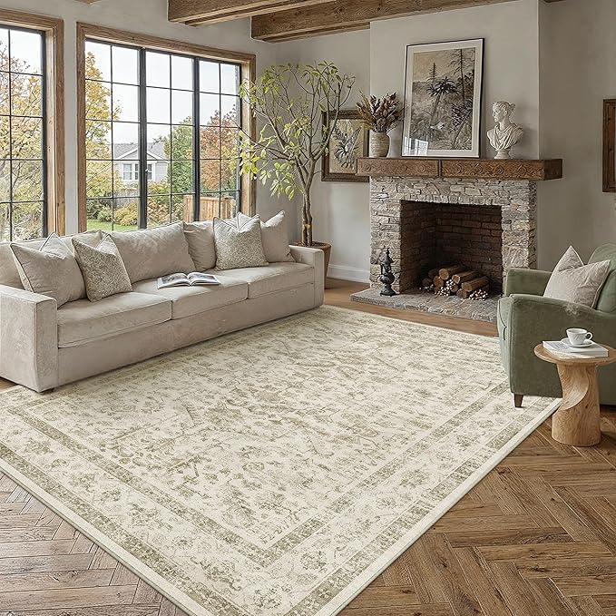 PureCozy Taupe 8x10 Area Rug Vintage Washable Living Room Carpet Non Slip Bedroom Indoor Office Low Pile Large Traditional Distressed Retro Accent Rug for Dining Room Bathroom Kitchen