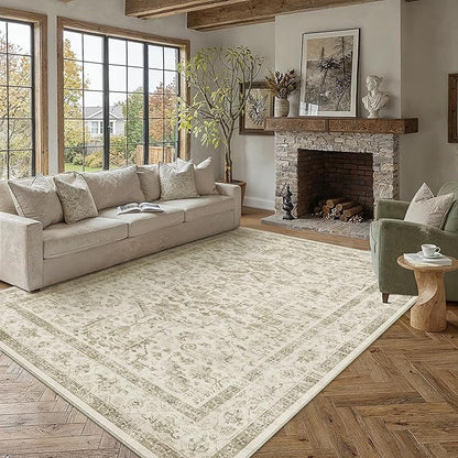 PureCozy Taupe 8x10 Area Rug Vintage Washable Living Room Carpet Non Slip Bedroom Indoor Office Low Pile Large Traditional Distressed Retro Accent Rug for Dining Room Bathroom Kitchen