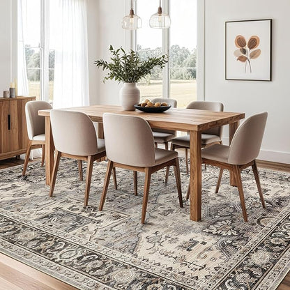 Area Rug for Living Room - 10x14 Soft Machine Washable Oriental Vintage Floral Distressed Large Indoor Floor Carpet for Bedroom Under Dining Table Home Office Decor - Brown