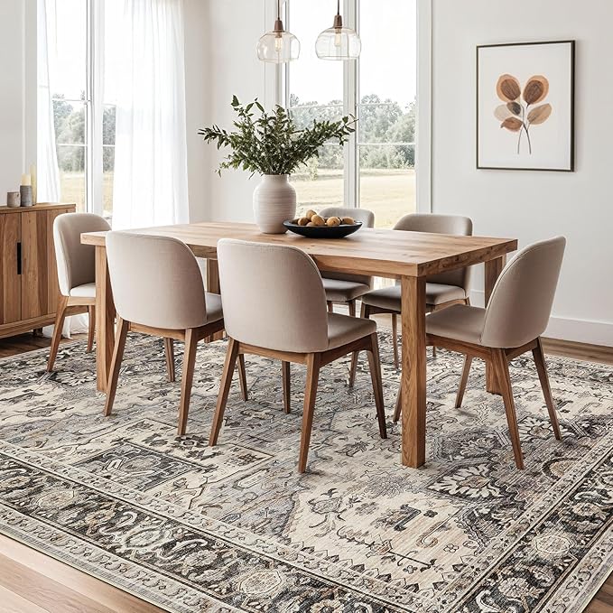 Area Rug for Living Room - 7x9 Soft Washable Oriental Vintage Floral Distressed Large Carpet - Fade Stain Resistant Non Slip Rugs for Bedroom Dining Room Nursery Dorm Office Home Decor - Brown