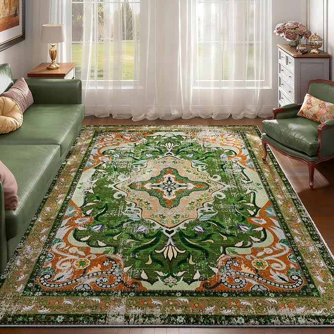 RUSHUFFY 5x7 Washable Area Rugs for Bedroom, Vintage Boho Distressed Print Pattern Rugs for Living Room, Soft Non-Slip Carpet for Indoor Dining Room Nursery Farmhouse Girls Room, Dark Green