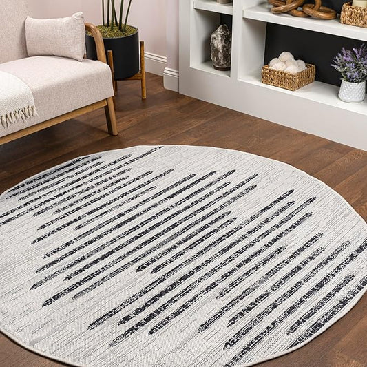 JONATHAN Y Stripe Geometric Indoor Outdoor Round Area Rug 8 Ft Ivory/Black, Zolak Berber for Backyard, Patio, Porch, Easy-Cleaning, High Traffic, Pet-Friendly, Non-Shedding (SMB124D-8R)
