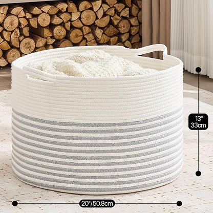 KAKAMAY Cotton Rope Storage Basket (20"x13"),Woven Hamper for Blankets,Toys,Pillows,Clothes,Laundry,Sturdy Handles Decorative Basket for Living Room, Bedroom,Nursery(Grey/Beige)