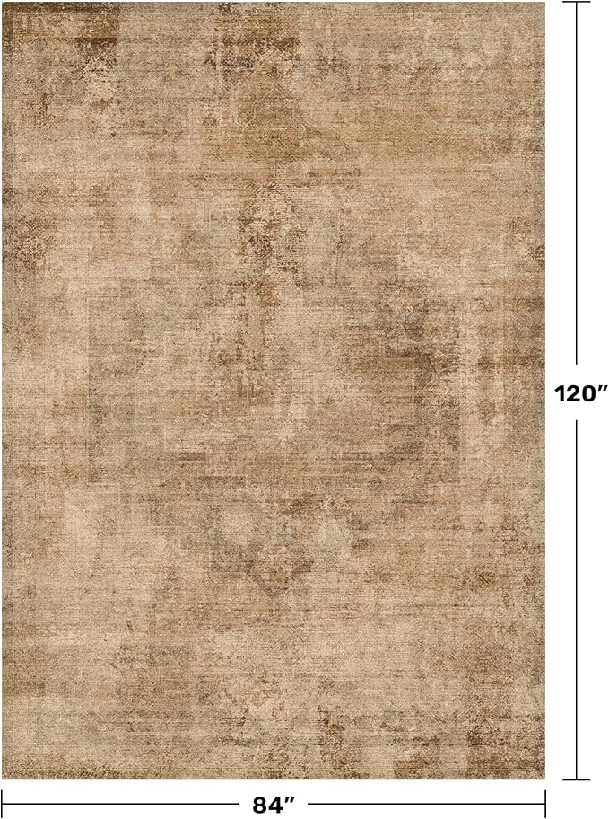 Hazo Haus Washable 7x10 Gold Brown Area Rug for Living Room Table – Neutral Dark Farmhouse Rug for Dining Room, Vintage Bedroom Under Bed, Non-Slip Stain & Fade Resistant