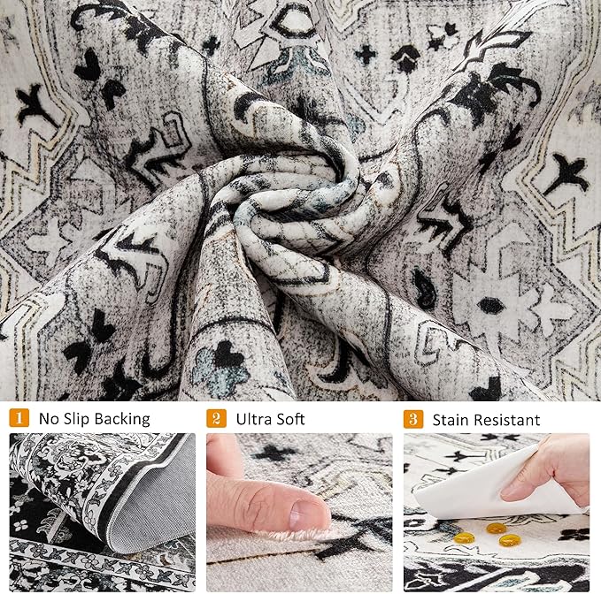 10x14 Washable Area Rugs for Living Room: Non Slip Vintage Black Rug, Large Soft Stain Resistant Indoor Floor Carpets for Bedroom Dining Room Nursery Home Office Kid & Pet Friendly