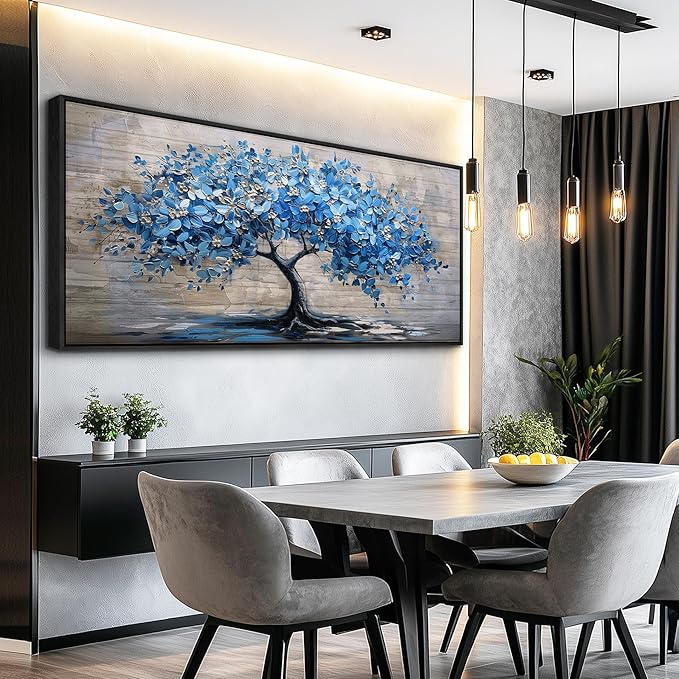 ERQINHUA Large Canvas Blue Tree Printed Painting Wall Decor For Living Room Office Wall Art For Bedroom Abstract Farmhouse Restaurant Mural Artwork Picture Home Decoration Black Framed 32x72 In
