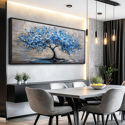 ERQINHUA Large Canvas Blue Tree Printed Painting Wall Decor For Living Room Office Wall Art For Bedroom Abstract Farmhouse Restaurant Mural Artwork Picture Home Decoration Black Framed 32x72 In