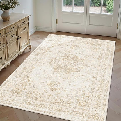 3x5 Vintage Washable Area Rugs Boho Medallion Large Distressed Retro Accent Carpet Floral Non-Slip Soft Low Pile Indoor Throw Rug for Living Room Bedroom Dining Room Office Kitchen, Beige