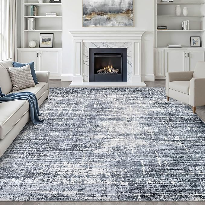 9x12 Area Rug Living Room: Washable Large Neutral Navy Rug Abstract Soft Modern Stain Resistant Indoor Floor Non-Slip Carpet for Bedroom Nursery Kids Office Playroom Dining Room Under Table Home
