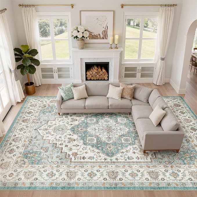 10x14 Area Rugs Living Room: Washable Boho Large Neutral Vintage Soft Rug Stain Resistant Farmhouse Non-Slip Indoor Floor Carpet for Bedroom Nursery Kids Playroom Office Dining Room Home- Teal Brown