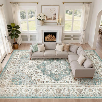 10x14 Area Rugs Living Room: Washable Boho Large Neutral Vintage Soft Rug Stain Resistant Farmhouse Non-Slip Indoor Floor Carpet for Bedroom Nursery Kids Playroom Office Dining Room Home- Teal Brown