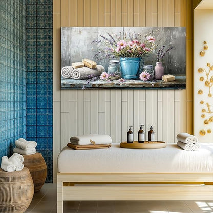 SERIMINO Still Life Large Wall Art, Nature Wildflower Canvas Art Prints, Cozy Scene Retro Aesthetic Painting, Earthy Wall Pictures for Living Room Bathroom Laundry Room Rustic farmhouse Decor 29"X57"