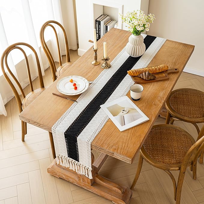 FEXIA Boho Table Runner for Summer Home Decor with Tassels 72 Inches Long Farmhouse Rustic Black Gothic Table Runner Macrame Gothic Burlap Table Decoration for Kitchen Living Room (12x72 Inches)