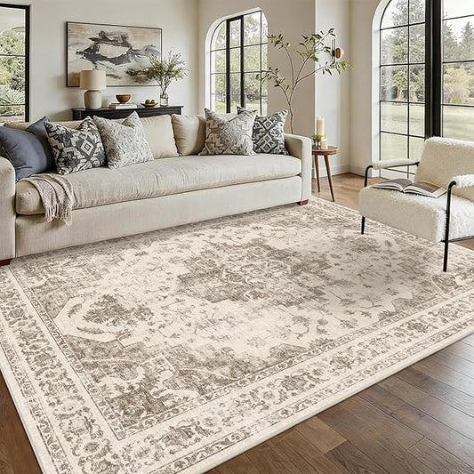 6x9 Vintage Washable Area Rugs Boho Medallion Large Distressed Retro Accent Carpet Floral Non-Slip Soft Low Pile Indoor Throw Rug for Living Room Bedroom Dining Room Office Kitchen, Taupe