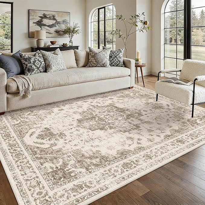 5x7 Vintage Washable Area Rugs Boho Medallion Large Distressed Retro Accent Carpet Floral Non-Slip Soft Low Pile Indoor Throw Rug for Living Room Bedroom Dining Room Office Kitchen, Taupe