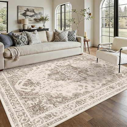 5x7 Vintage Washable Area Rugs Boho Medallion Large Distressed Retro Accent Carpet Floral Non-Slip Soft Low Pile Indoor Throw Rug for Living Room Bedroom Dining Room Office Kitchen, Taupe