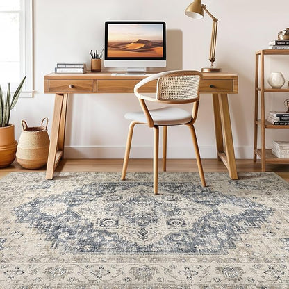 9x12 Area Rug Living Room: Washable Boho Large Neutral Vintage Soft Rugs Stain Resistant Distressed Farmhouse Non-Slip Indoor Floor Carpet for Bedroom Nursery Kids Office Dining Room- Brown Blue