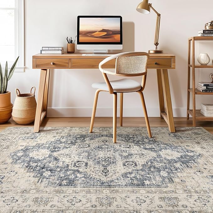 7x9 Area Rug Living Room: Washable Boho Large Neutral Vintage Soft Rug Stain Resistant Distressed Farmhouse Non-Slip Indoor Floor Carpet for Bedroom Nursery Kids Office Dining Room- Brown Blue