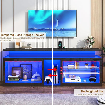71" LED TV Stand with Power Outlet,60-Colors LED Lights For 65 70 80 in TV,High Gloss Gaming Entertainment Center w/Adjustable Shelves,Black TV Console with Modern Design for Living Room Bedroom