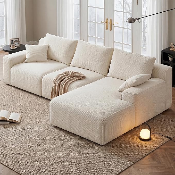 Homkdom L-Shaped Cloud Boneless Couch with Deep Seat, Modular Sectional Sofa with Oversized Chaise, 6 Layouts Combination for Living Room, Apartment, No Assembly (White Check, Right Facing Chaise)