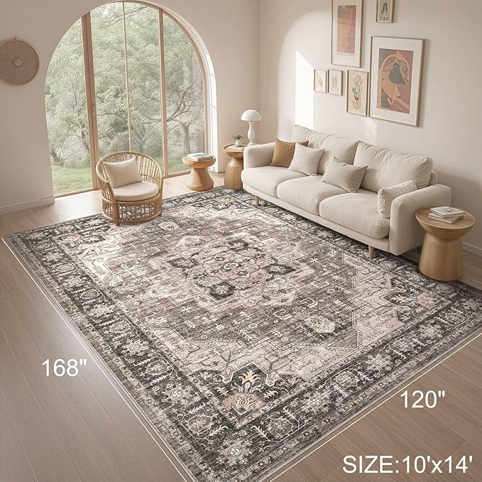 Area Rug 10x14 Washable Vintage - Soft Traditional Rug for Living Room Bedroom Dining Room or Home Office -Non Slip Backing Large Rugs with Low Pile Farmhouse Oriental Retro Carpet - Dark Brown