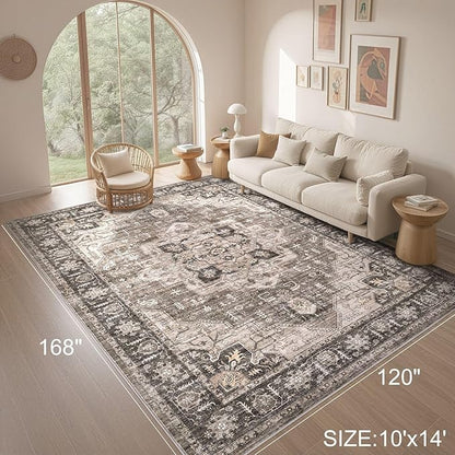Area Rug 10x14 Washable Vintage - Soft Traditional Rug for Living Room Bedroom Dining Room or Home Office -Non Slip Backing Large Rugs with Low Pile Farmhouse Oriental Retro Carpet - Dark Brown