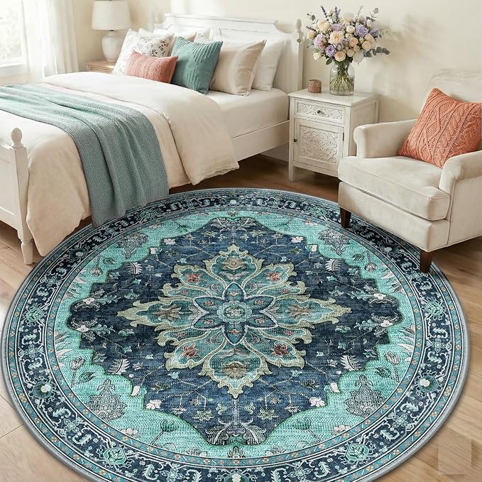 RELEANY Area Rugs Round 6ft Washable Non-Slip, Floral Vintage Distress Print Pattern Medallion Carpet for Living Room Bedroom Dining Room, Teal Green Lake Blue Turquoise