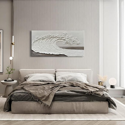 NANKAI Art 24x48 inch Hand-Painted 3D Ocean Waves Oil Painting Natural Scenery White Abstract Canvas Art Mural