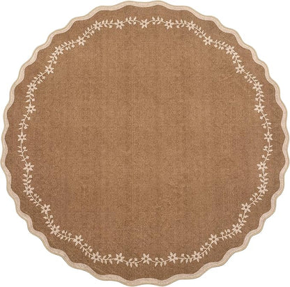 GarveeHome Round Area Rugs 4ft for Kids Room, Solid Brown Scalloped Washable Circle Rug Soft Non Slip Floral Print Floor Mat Carpet Indoor Thin Tent Rug for Bedroom Dining Room Playroom Nursery