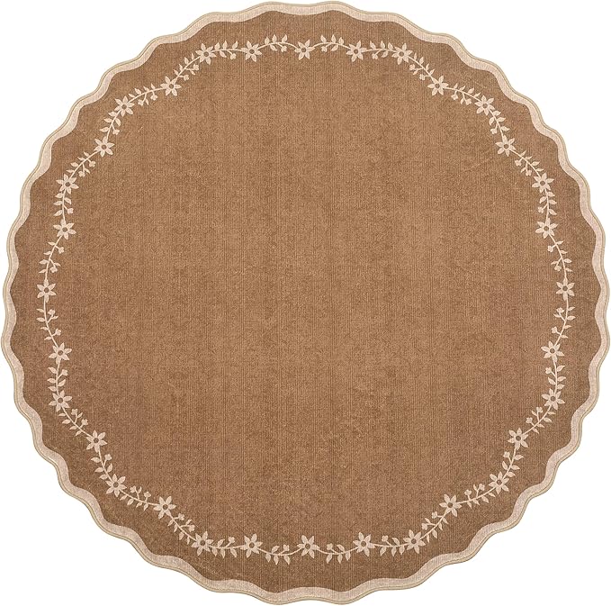 GarveeHome Scalloped Round Area Rugs 8ft for Living Room, Large Solid Brown Washable Circle Rug Soft Non Slip Floral Print Floor Mat Carpet Indoor Thin Rug for Bedroom Dining Room Playroom Nursery