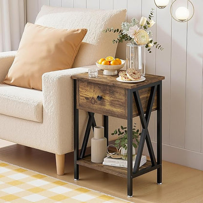 VECELO Nightstand,Modern Bedside End Tables, Night Stand with Drawer and Storage Shelf for Living Room Bedroom, Industrial Metal Frame