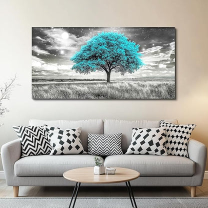 KELIYUAN Large Canvas Wall Art For Living Room Wall Decor For Bedroom Corridor Blue Tree Natural Scenery Full Of Stars Black And White Modern Printing Dining Room Kitchen Home Decoration 30 "X 60"