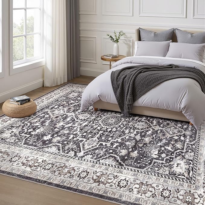 Black Rug Living Room Rugs: 7x10 Washable Boho Large Vintage Moody Soft Stain Resistant Oriental Farmhouse Non-Slip Indoor Floor Carpet for Bedroom Playroom Office Dining Room Retro Home Decor