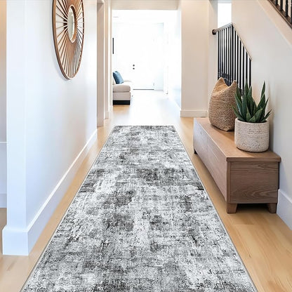 Rug Runners for Hallways Non Slip – 3X10 Washable Long Carpet Runner for Kitchen Indoor Entryway, Bedroom, Living Room,Modern Abstract Low-Pile Thin Grey Runner