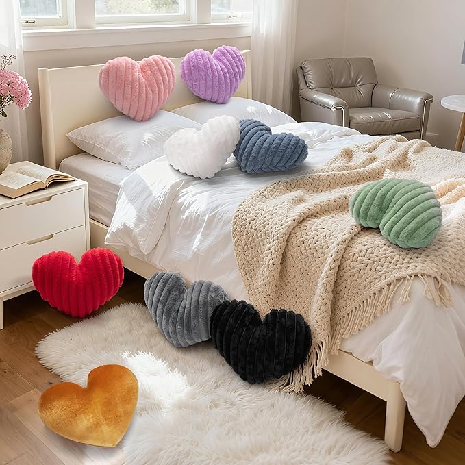 16 Inch Black Heart Pillow Cute Decorative Throw Pillows, Heart Shaped Soft Fluffy Faux Fur Pillows Cushions for Couch Chair Bed Bedroom Room Home Decor Aesthetic (1, Black, Medium-16 x13)