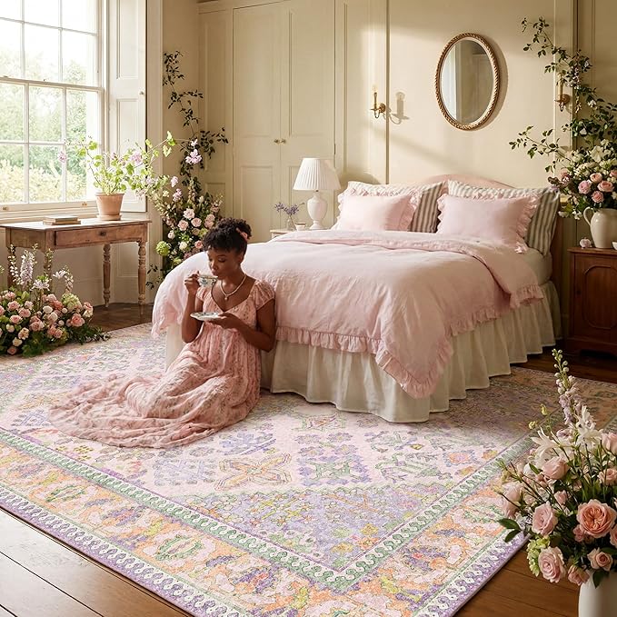 Kokia 9x12 Area Rugs for Living Room, Stain Resistant Machine Washable Rug, Non Slip Backing Boho Rugs for Bedroom, Printed Soft Vintage Carpet Lilac Lavender Purple 9 x 12