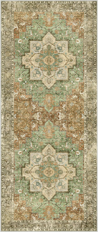 GENIMO 2'6"x6 Runner Rugs for Hallway, Machine Washable Non Slip Vintage Rugs, Low Pile Lightweight Soft Print Rug for enrtyway, Corridor, Home, Office, Kitchen, Muted Green Brown